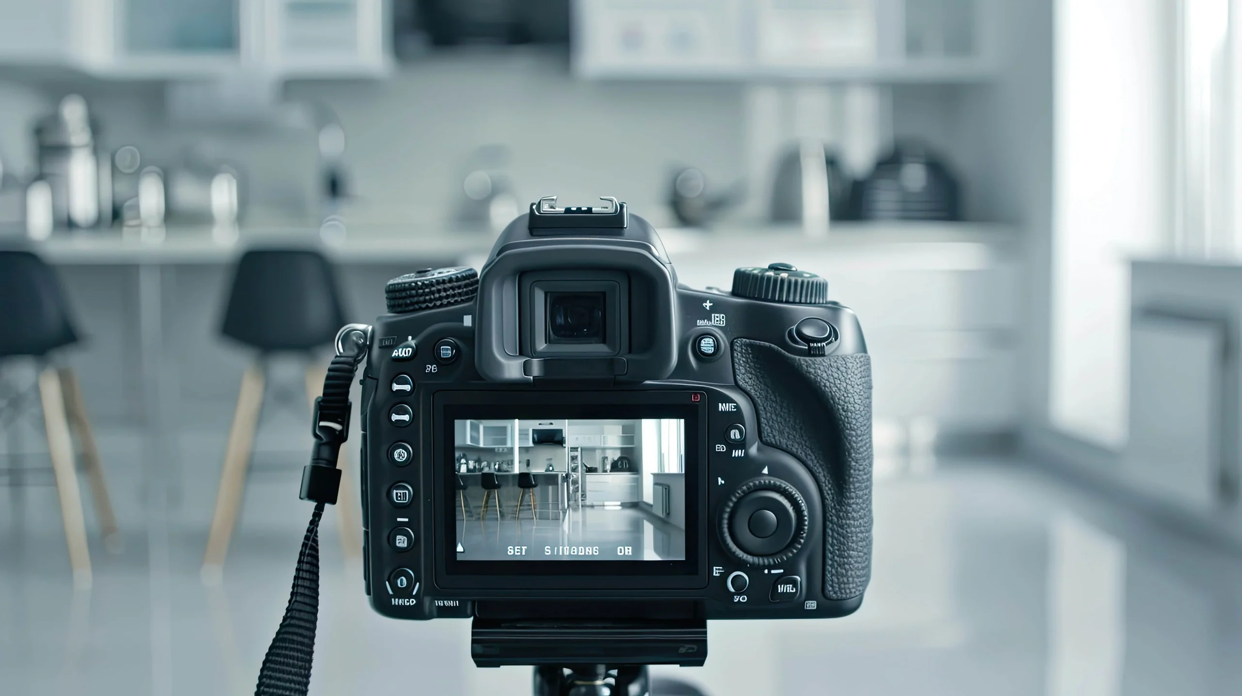 Camera in a photoshoot of a kitchen