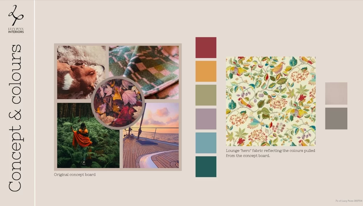A mood board with a collage of images, a colour scheme with red, yellow, brown and blue colour swatches and a sample of floral wallpaper.