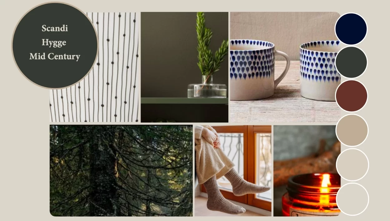 A collage of items from nature and accessories from around the home, plus a colour scheme with swatches of red and greeen.
