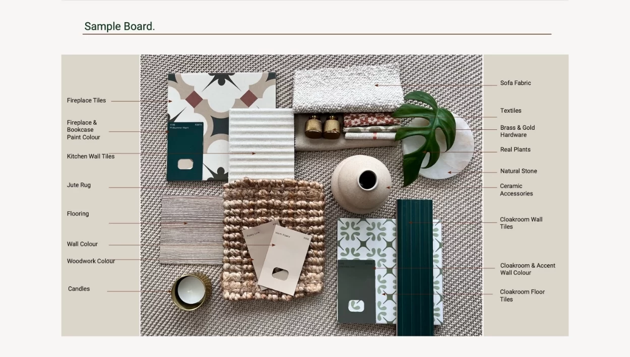 A physical samples board showing neutral woven flooring, patterned tiles and fabric samples. There is also a green leaf and a small off white pot.
