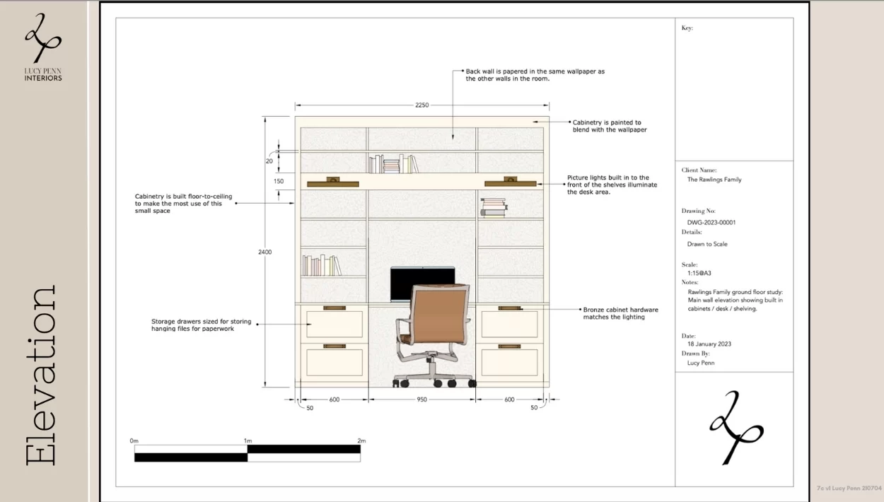 CAD drawn elevation of an office showing bespoke cabinetry and dimensions.