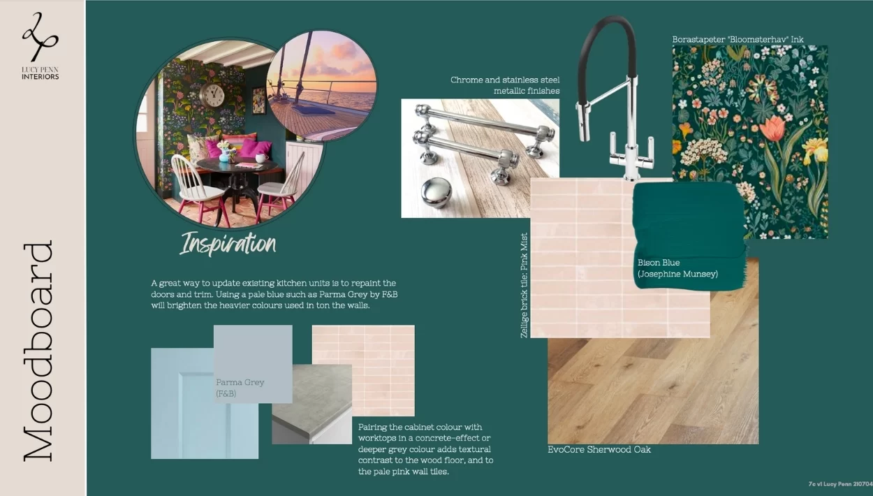 A collage of materials for a kitchen design including cabinet handles and wood finishes.