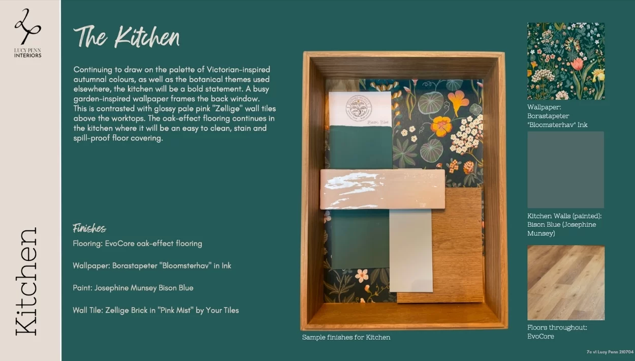 A samples board of floral wallpapers and paint samples on a tray with green and orange colours