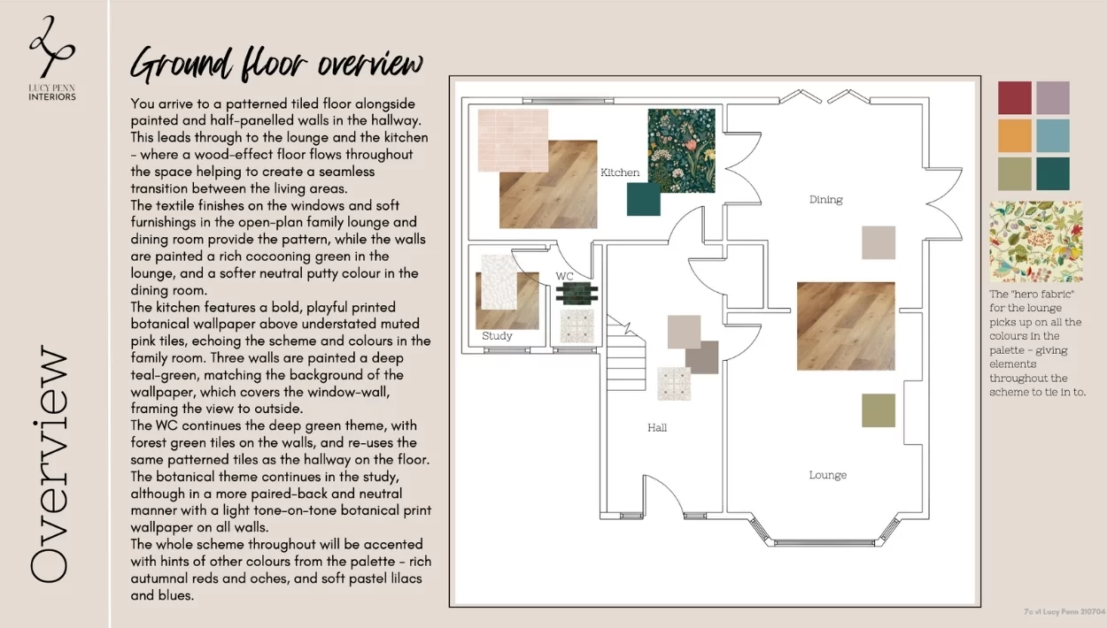 CAD drawn 2D floor plan of a house with images of samples placed on the plan