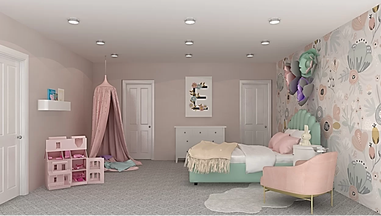 A 3D photo real rendering of a child's bedroom in soft pinks and pastel green.
