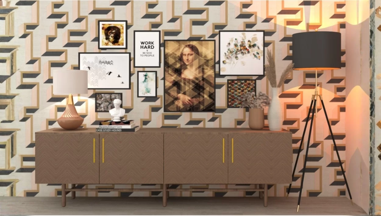 A CAD drawn, photo real rendered image of a sideboard with a gallery of artwork above it.