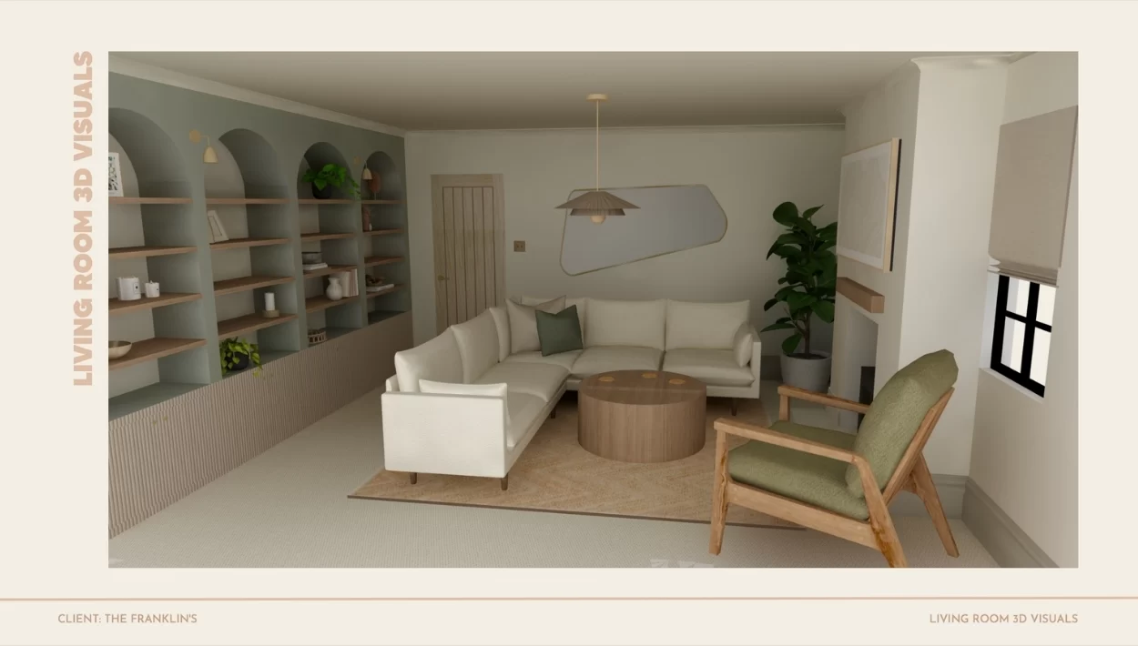 3D render of a living room in pale neutral colours and a japandi feeling