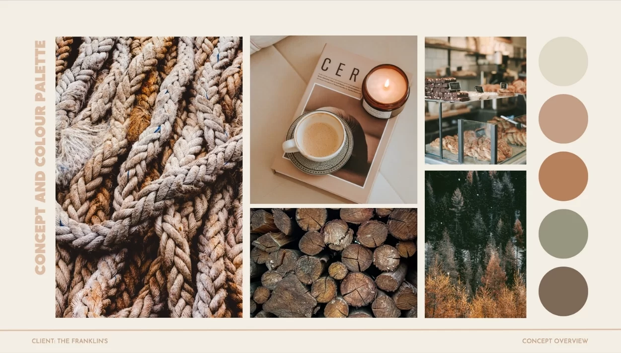 Collage of woodland and coastal objects and a colour palette with green, brown and beige swatches.