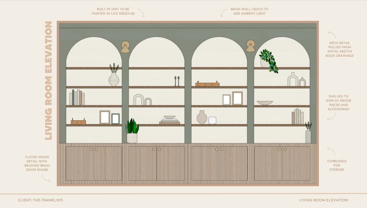 CAD rendered elevation of built in cabinetry with accessories on the shelving