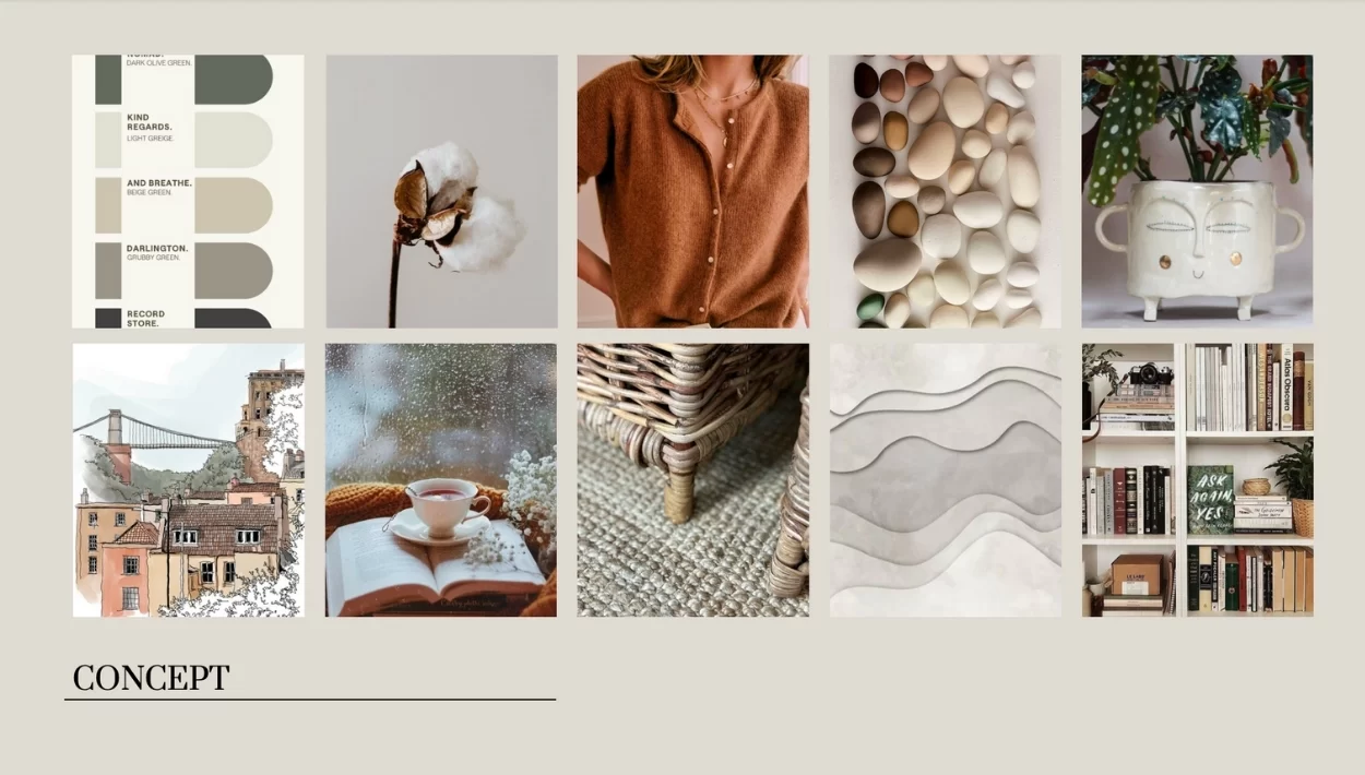Collage of items from nature and around the home in burnt orange and neutral colours