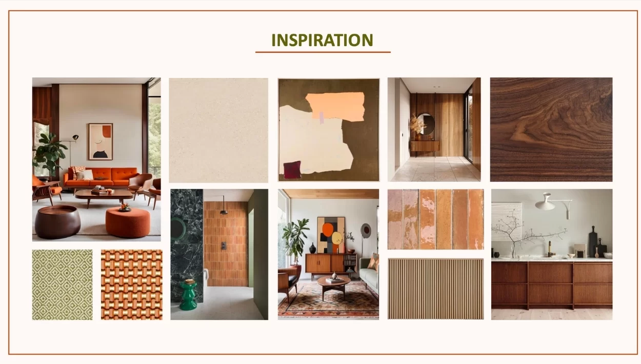 Collage of inspirational images from interiors showing different coloured woods and rooms with natural and autumnal colours