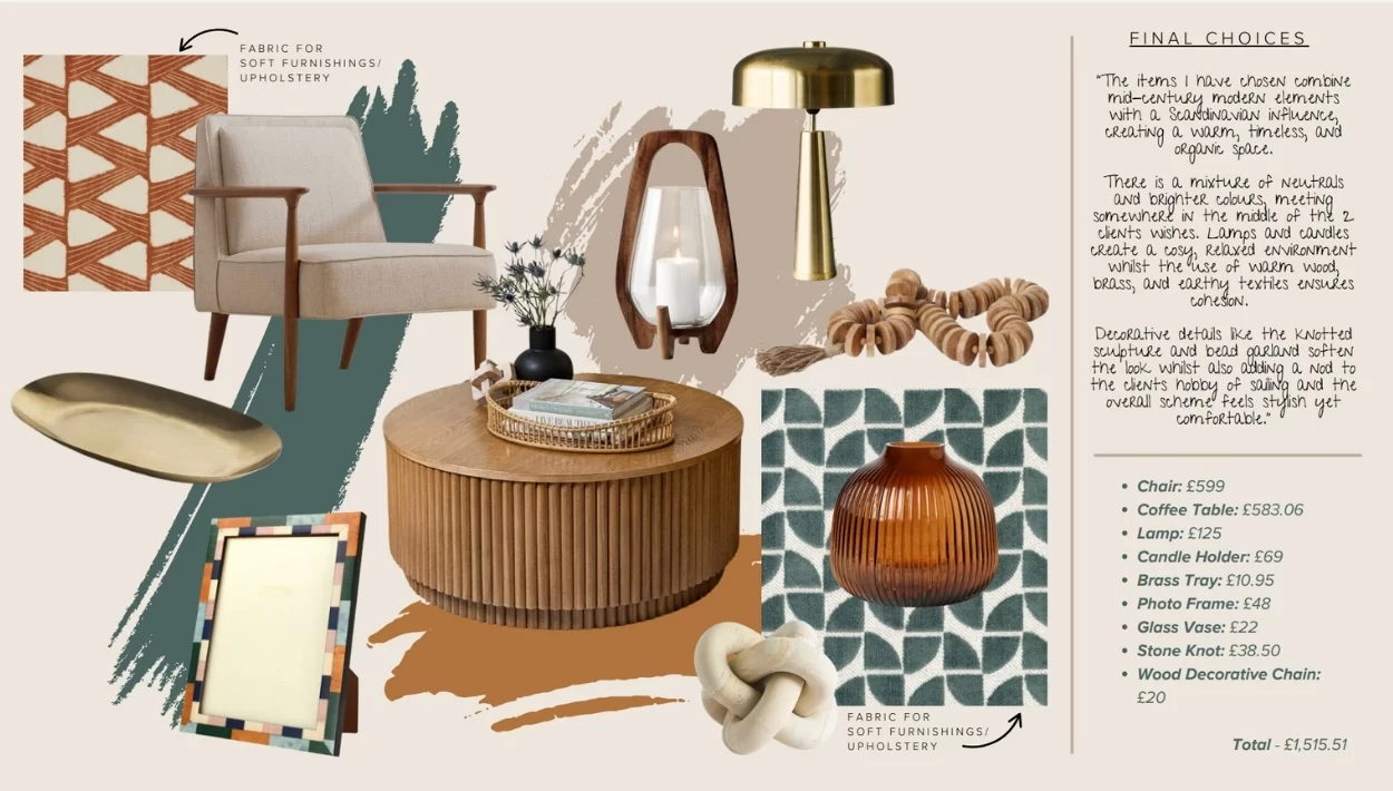 Collage of products for a design scheme, including a chair, a coffee table, a lamp and accessories