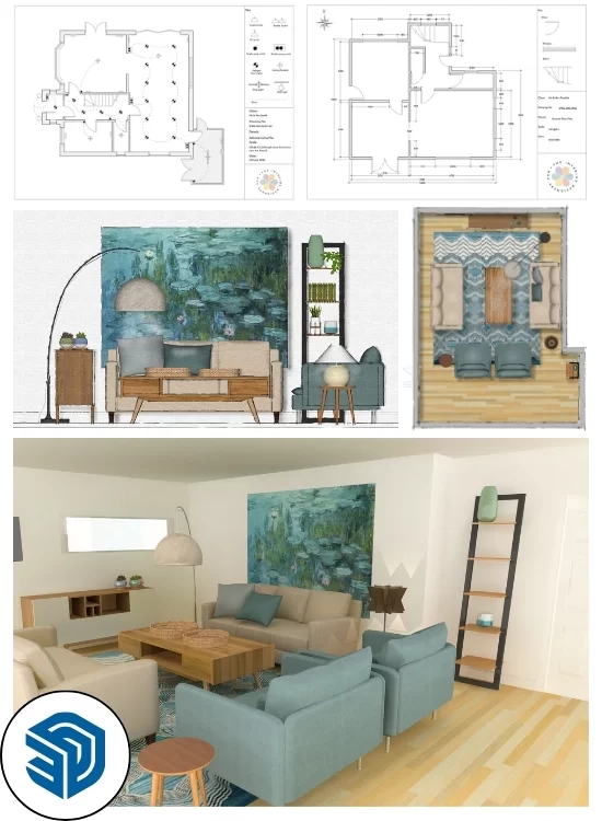 CAD line drawings and rendered 2D and 3D room visuals