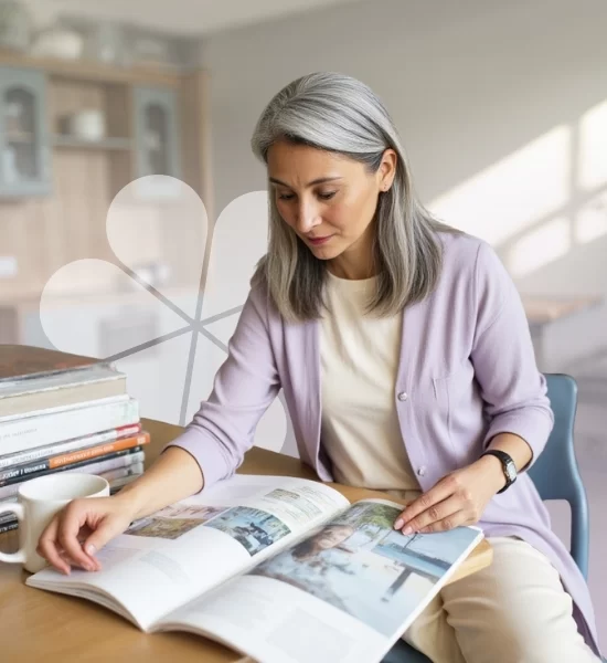 Woman browsing an interior design magazine at her desk