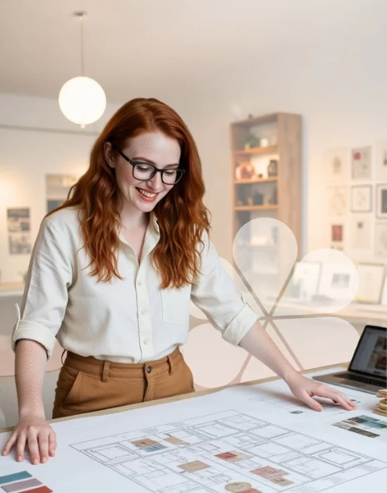 Red haired interior designer looking at a technical drawing