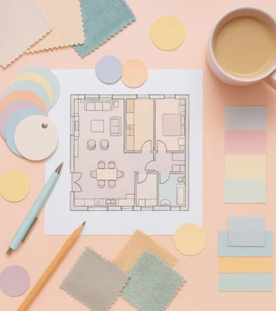 Interior design mood board with floor plan, fabric swatches and colour samples
